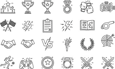 Sports competition and gaming championship line icon set with trophy medal boxing glove stopwatch sword vector illustration elements © MdMursalin