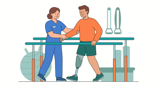 Physiotherapist assisting man with leg prosthetic on parallel bars in rehab clinic vector illustration.