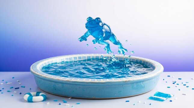 Blue liquid frog jumping from a miniature pool, creative water splash sculpture, surreal aquatic animal concept with vibrant blue droplets