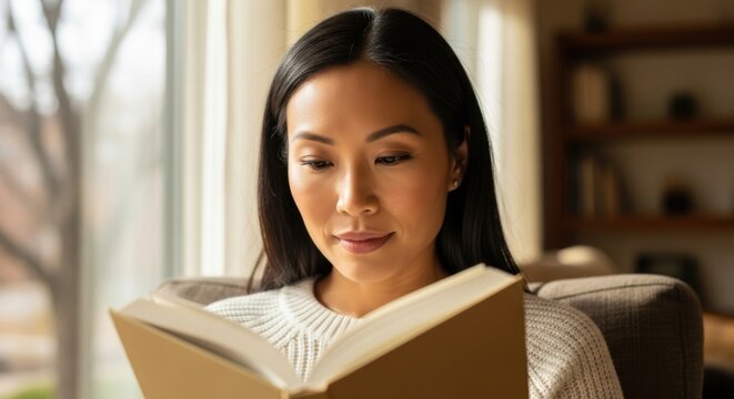 Woman reading book in chair.