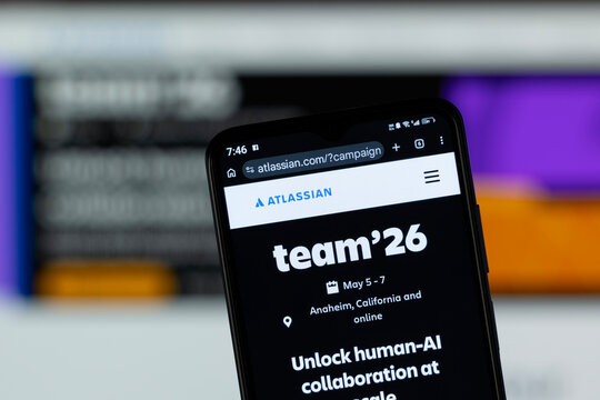 Dhaka, Bangladesh - 05 May 2026: Close-up of Atlassian's homepage on a smartphone.