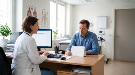Fototapeta premium Doctor Consulting Male Patient About Scheduling Medical Appointment in a Modern Clinic Setting