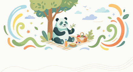 Fototapeta premium A happy cartoon panda sits on a picnic blanket under a leafy tree, enjoying snacks and fresh air amidst colorful, whimsical swirls and nature.