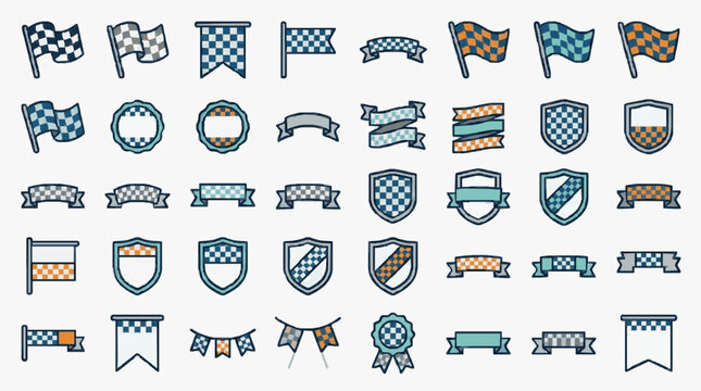 Modern Checkered Flag and Racing Emblem Design Collection with Various Colors and Styles for Sports and Awards