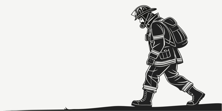 Firefighter in full protective gear walking silhouette with firefighter emergency protective silhouette professional breathing apparatus equipment responders isolated illustration prepared