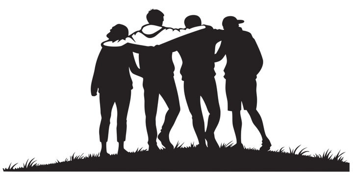 Group of four young friends standing together with arms around shoulders silhouette friendship teamwork togetherness community lifestyle connection together standing illustration isolated
