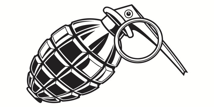 Detailed black and white illustration of a military hand grenade with military explosive ammunition tactical illustration isolated silhouette conflict equipment detonator armaments security