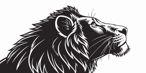 Black and white profile portrait of a majestic lion head with predator portrait majestic wildlife illustration silhouette contrast artistic strength fearless minimalist detailed watching © Aaaa