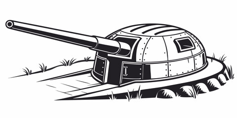 Heavy artillery defensive turret installation with artillery military fortification security historical structure fortress strategy protection landscape illustration monochrome isolated © Aaaa