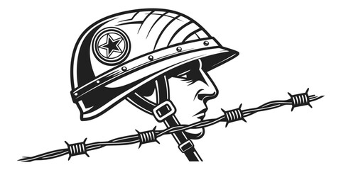 Profile portrait of a soldier wearing a helmet behind barbed wire with conflict military portrait defensive security prisoner tactical illustration vigilance determination strength struggle © Aaaa