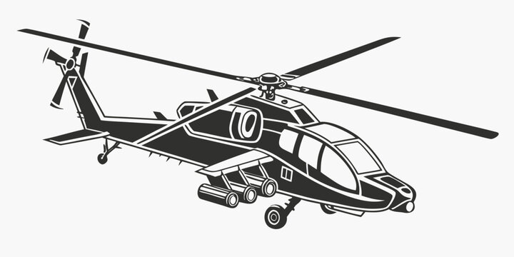 Black and white vector illustration of a military attack helicopter side profile with helicopter military aircraft aviation illustration isolated transport technical silhouette monochrome