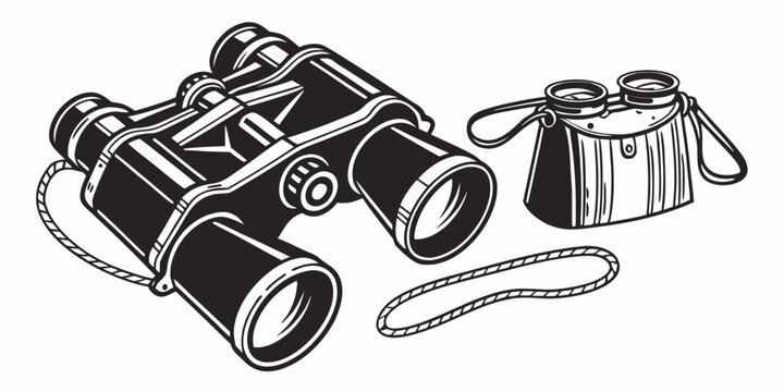 Set of field binoculars and portable case accessory with binoculars exploration equipment observation wilderness scouting adventure vacation illustration monochrome isolated background