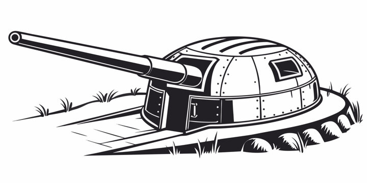 Heavy artillery defensive turret installation with artillery military fortification security historical structure fortress strategy protection landscape illustration monochrome isolated