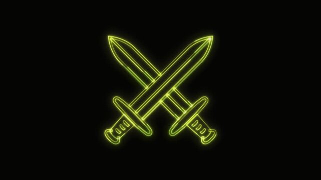  Crossed Swords Icon Neon Seamless Loop 4K with Black Background Animated Promotional Typography for Video Editing