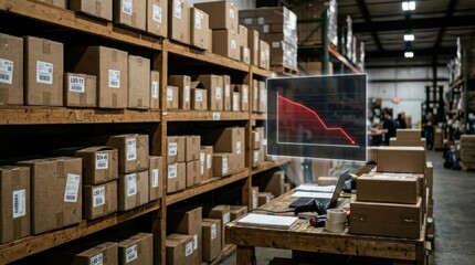 Obraz premium Warehouse setting with inventory boxes and digital graph display