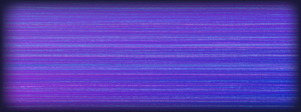 Purple blue static noise texture. Horizontal lines, scratches, distortion, interference across glitchy surface. Vector retro VHS effect. Overlay for TV, screen, grunge, cyber template.