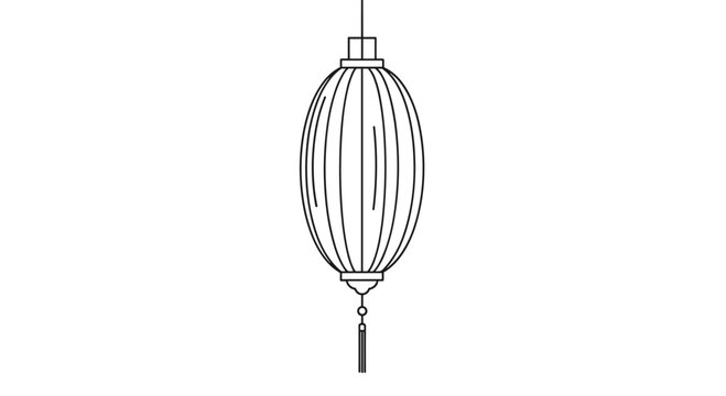 Traditional oval hanging lantern with vertical lines and a tassel drawn in a simple black line art style on white.