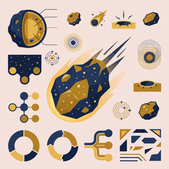 A collection of flat vector icons depicting space rocks and debris © Divya