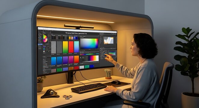 person is focused on a computer screen displaying color swatches and editing software, indicating a creative design process.
