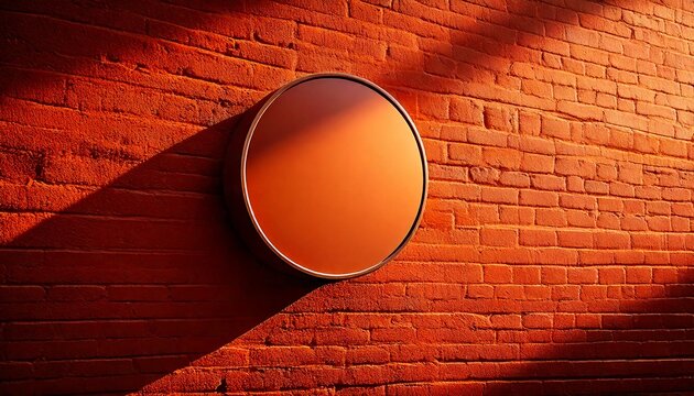 A round orange object casts a shadow on a red brick wall outdoors.