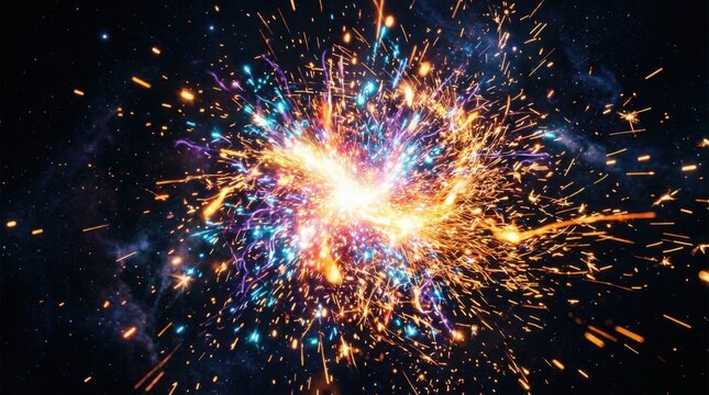 Radiant explosion of golden and blue sparks against a deep space background.