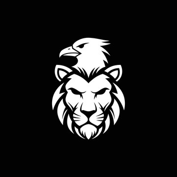 Black and white lion and eagle head logo.