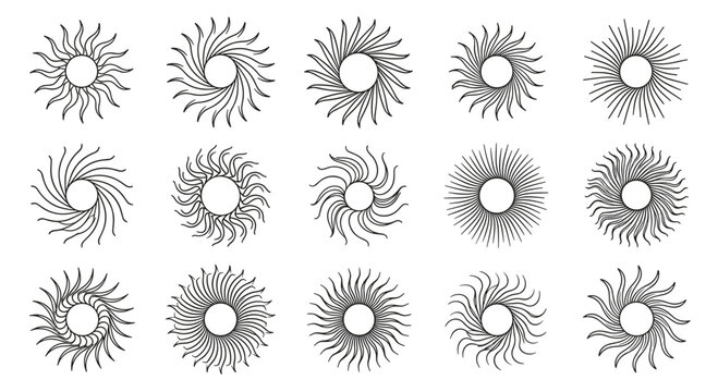 Set of fifteen diverse sun symbols or circular mandalas featuring intricate swirling rays and geometric line patterns in black and white.