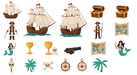 Obraz premium Large collection of pirate themed assets including sailing ships, treasure chests, maps, mermaids, compasses, and skeletal remains.