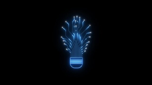 Glowing blue neon lightbulb emitting circuit board lines and digital nodes against a dark background, symbolizing innovation, creativity, and futuristic technology concepts.