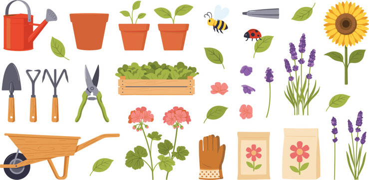 Gardening Tools and Spring Botanical Element Vector Set Featuring Wheelbarrow, Watering Can, Sunflower, Lavender, Flower Pots, and Cultivation Icons for Horticulture Designs
