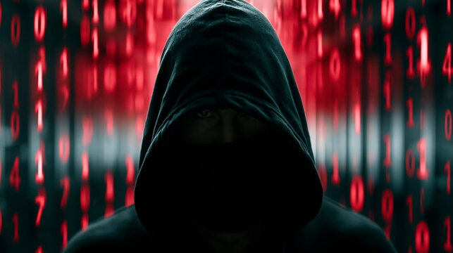 Hooded person in dark cyber background, digital threat and data risk
