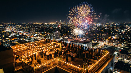 Fototapeta premium Rooftop Party Crowd Watching City Fireworks for Urban Summer Night Celebration and Skyline Event