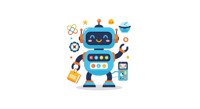 Friendly blue robot character with educational icons