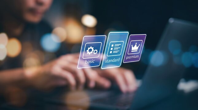 Comparative Subscription Tiers and Software-as-a-Service Pricing Concept: Floating Translucent Holographic Screen displaying Basic, Standard, and Premium Tiers with 2D Flat Icons above Heavily Blurred