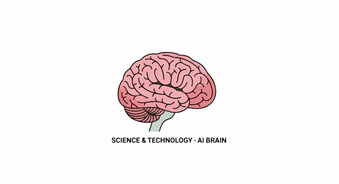 Illustration of a pink brain with a green stem on a white background with science text