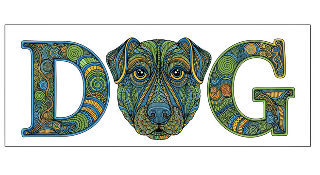 Artistic Dog Face Between Decorative Letters D and G, Zentangle Style