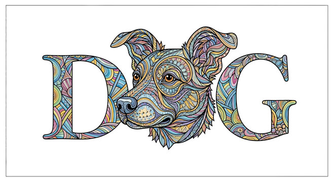 Artistic Dog Portrait Integrated with "DOG" Text, Intricate Patterns, Pastel Colors