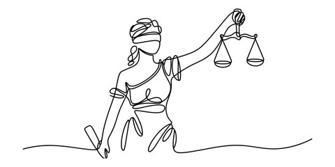Continuous single line drawing of lady justice holding scales and scroll representing legal law and judicial fairness Vector, illustration © Nano Creator