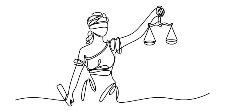 Continuous single line drawing of lady justice holding scales and scroll representing legal law and judicial fairness Vector, illustration