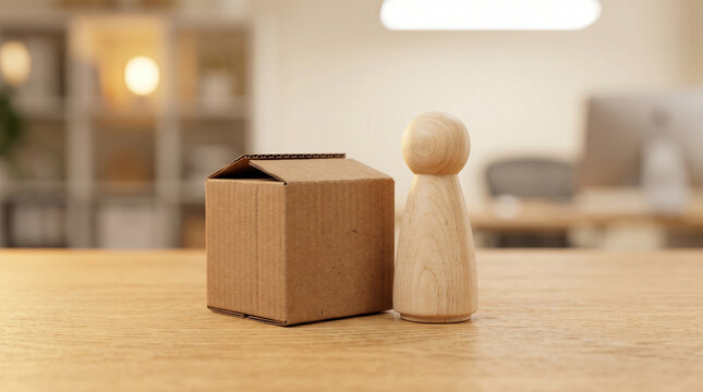 Wooden peg figure beside a small cardboard delivery box representing logistics, supply chain management, e-commerce fulfillment, customer delivery and operational excellence.