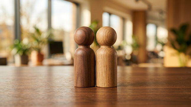 Two wooden peg figures facing each other with miniature handshake pose on luxury oak desk representing partnership, business deal and corporate agreement.