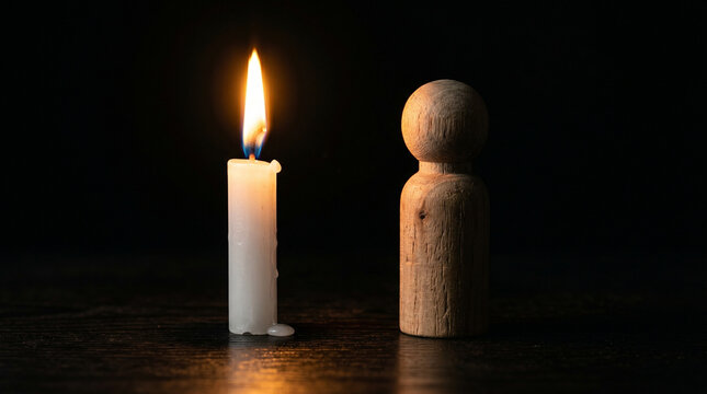 Lone wooden peg figure beside a glowing candle flame on dark desk representing visionary leadership, breakthrough idea, innovation spark and pioneering business spirit.