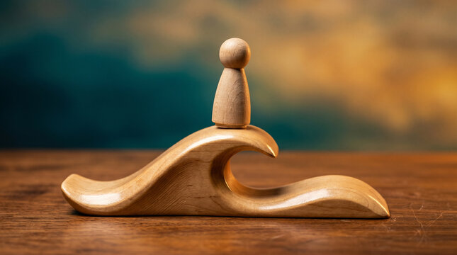Wooden peg figure atop a wave-shaped prop representing business disruption, change management, adaptability, market agility and riding industry transformation waves.