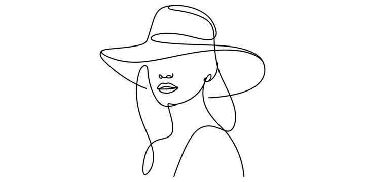Minimalist one line drawing of a woman wearing a sun hat Vector, illustration