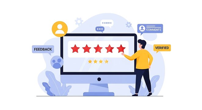 A man gives feedback with five stars on a computer screen in an office.
