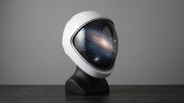 A sleek white futuristic astronaut helmet features a vibrant deep space galaxy reflection inside the dark glass visor surface
