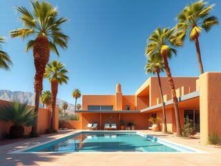 Fototapeta premium sunlit mid-century modern architecture with brown stucco and green palm trees.