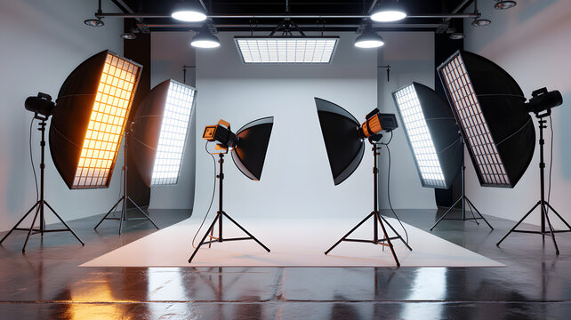 Professional photography studio features an empty white cyclorama backdrop illuminated by multiple softbox lighting rigs.