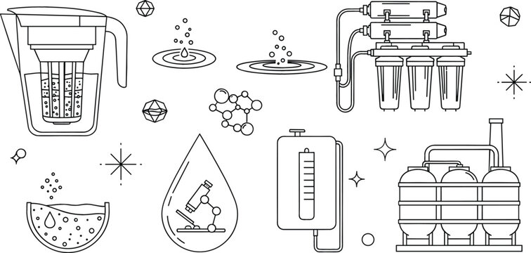 Water filtration system line icon set with pitcher reverse osmosis system purification tanks drop minimalist vector illustration