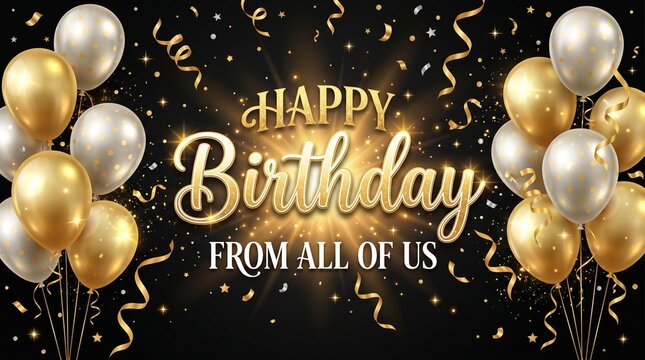 Happy birthday wishes with gold balloons and confetti